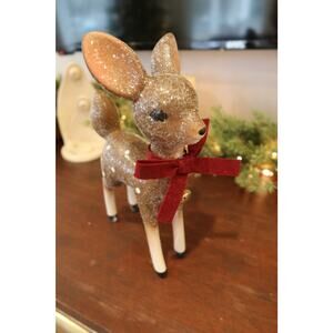 Vintage Retro Style Sugared Christmas Reindeer Velvet Bow & Brass Bell 9.5" Tall